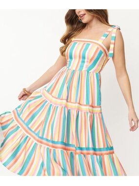 Unique Vintage Bright Rainbow Striped Tie-Shoulder Dress